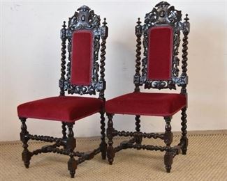 Pair Antique Carved Oak Side Chairs