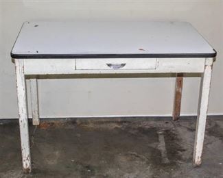 Antique Vintage Porcelain Enamel Kitchen Table, Enamel Top with Wood Base and Single Front Drawer 40" x 25" x 27" Tall