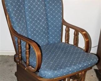 Vintage Oak Glider Rocking Chair with Country Blue Removable Cushions