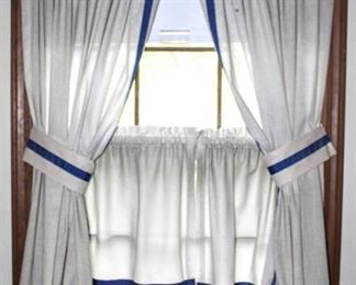 Vintage Window Dressings -Off White/Ivory with Royal Blue Stripe