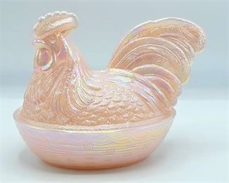 FENTON Pink Opalescent Hen Chicken on Nest Covered Dish