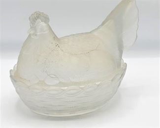 Frosted Glass Hen on Nest Lidded Chicken Dish