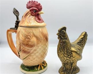 Figural Rooster Stein + Brass Look Rooster Figurine