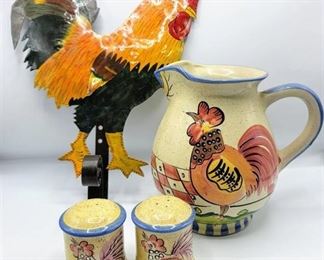 Metal Rooster Wall Hanging Hook + Ceramic Pitcher with matching Salt & Pepper Shakers