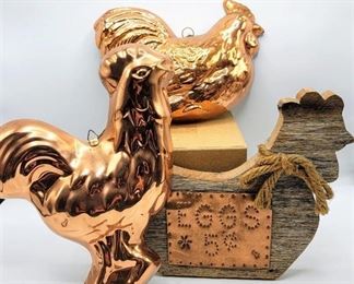 Copper Rooster Molds + Wood Chicken Hen Decor