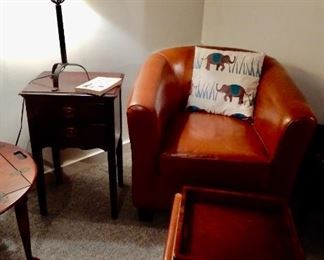LEATHER CHAIR HAS A GREAT LOOK (KITTIES LIKED IT A LITTLE TOO MUCH) $75--AND OTTOMAN $75