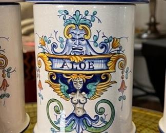 4pc Italian Ceramics Deruta Apothecary Jars Hand Painted Dip A Mano Pottery Majolica Platter	10.5in H x 4in diameter	
