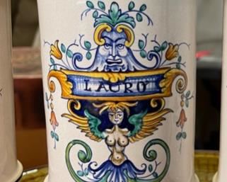 4pc Italian Ceramics Deruta Apothecary Jars Hand Painted Dip A Mano Pottery Majolica Platter	10.5in H x 4in diameter	
