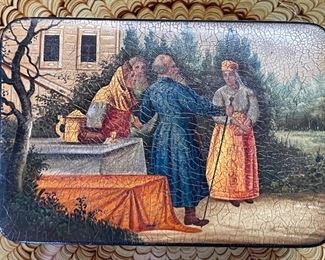 Antique Russian Lacquer Box with Royal Russian Seals Hand Painted 	2x6x4in	HxWxD
