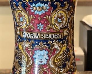 Italian Ceramics Deruta Rabarbaro Apothecary Jar Hand Painted  Pottery Majolica	19in H x 9.5in Diameter	
