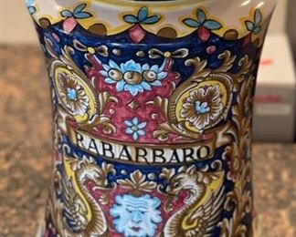 Italian Ceramics Deruta Rabarbaro Apothecary Jar Hand Painted  Pottery Majolica	19in H x 9.5in Diameter	
