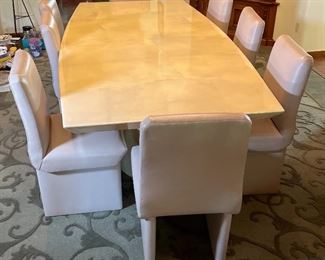 Contemporary Custom Lacquered Goatskin Table & 8 Leather Chairs Karl Springer ?	Table: 30x50x100in	HxWxD
