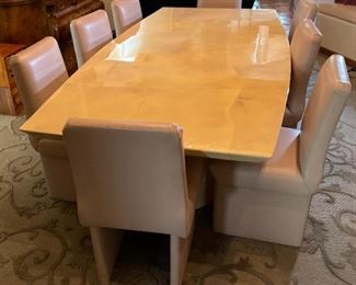 Contemporary Custom Lacquered Goatskin Table & 8 Leather Chairs Karl Springer ?	Table: 30x50x100in	HxWxD
