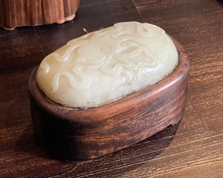 Asian Carved White Jade & Wood Trinket Box Oval	2.5x4.25x2.5in	HxWxD
