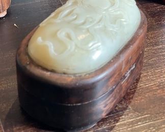 Asian Carved White Jade & Wood Trinket Box Oval	2.5x4.25x2.5in	HxWxD
