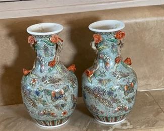 2pc Chinese Asian Flower & Butterfly Vase Applied PAIR	12 1/2 5 x 6.5 diameter 12 point	
