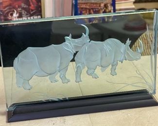 Wendy Saxon Brown Etched Rhinoceros Glass Panel Rhino Sculpture 	7.5x12x2.5in	HxWxD
