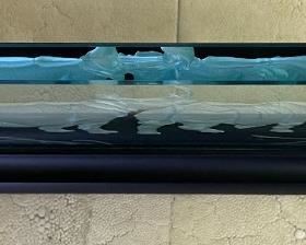 Wendy Saxon Brown Etched Rhinoceros Glass Panel Rhino Sculpture 	7.5x12x2.5in	HxWxD
