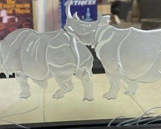 Wendy Saxon Brown Etched Rhinoceros Glass Panel Rhino Sculpture 	7.5x12x2.5in	HxWxD
