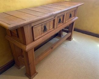 Rustic Weather Wood Side Table with three drawers	31x63x16.5	HxWxD
