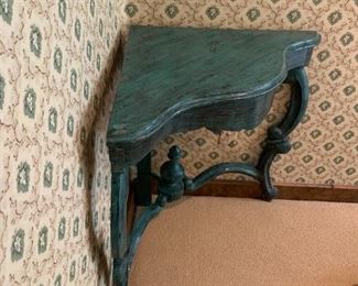 Green Painted Wood Corner Shelf Table	31x34x21	HxWxD
