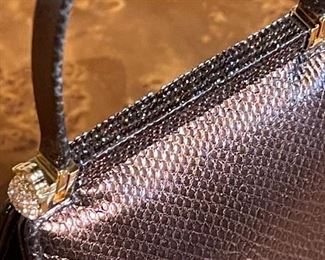 Judith Leiber Metalic rose color Reptile Lizard Leather Bag Flap Clutch	5.5in. X 5.25in X 2in	HxWxD
