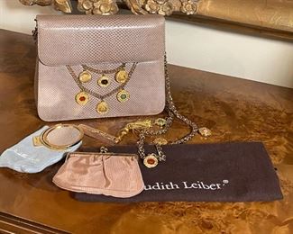 Judith Leiber Tan Snakeskin Print Shoulder Handbag w/ Medallions	8.25 x 6.5 x 2	
