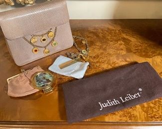 Judith Leiber Tan Snakeskin Print Shoulder Handbag w/ Medallions	8.25 x 6.5 x 2	
