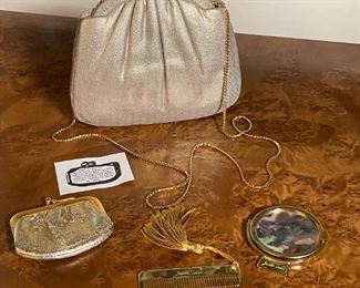 Judith Leiber Gold Satin Textured  Gold Chain Shoulder Bag Clutch Purse	7in x 6.25in x 1in	
