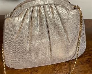 Judith Leiber Gold Satin Textured  Gold Chain Shoulder Bag Clutch Purse	7in x 6.25in x 1in	
