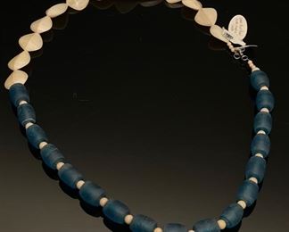 Shelly Pedretti Beaded Necklace Cobalt Blue Resin Glass and Double Shells.