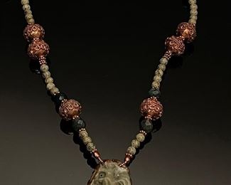 Shelly Pedretti Antique Carved Jade and Copper Beaded Necklace with carved Jade Pendant