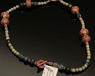 Shelly Pedretti Antique Carved Jade and Copper Beaded Necklace with carved Jade Pendant