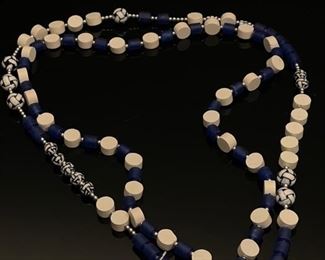 Shelly Pedretti 2 Strand Blue Resin Glass and wood beaded Necklace