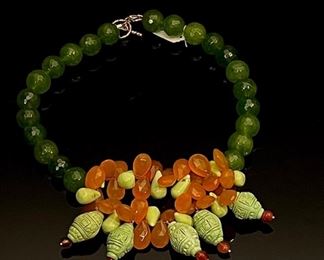 Shelly Pedretti Jade, Orange topaz, with carved Jade beaded drop necklace
