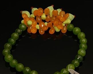 Shelly Pedretti Jade, Orange topaz, with carved Jade beaded drop necklace