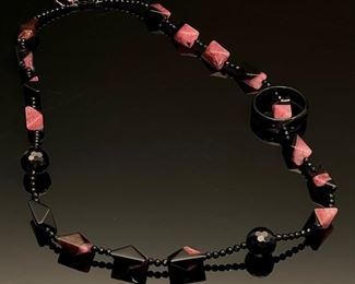 Large Red Aventurine and Onyx Beaded Necklace