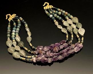 4 Strand Jade and Raw Amethyst Necklace