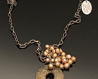 Shelly Pedretti Antique Jade, Fresh water Pearls with Brass Multi strand Chain Necklace