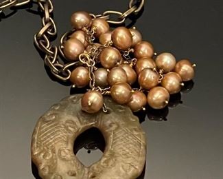 Shelly Pedretti Antique Jade, Fresh water Pearls with Brass Multi strand Chain Necklace