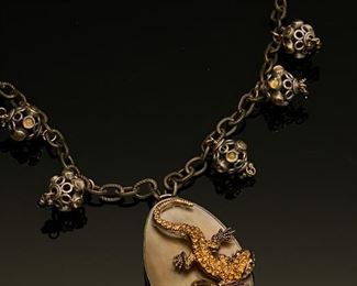 Sterling Silver Mother of Pearl, And Citrine with Lizard Necklace.