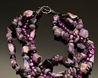 4 Strand Amethyst, Purple Pearls, and Onyx beaded Necklace