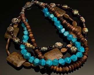 4 Strand Turquoise, Brown and Leopard Jasper, and wood, Beaded Necklace
