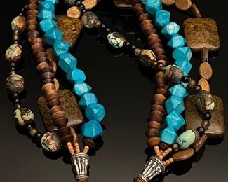 4 Strand Turquoise, Brown and Leopard Jasper, and wood, Beaded Necklace
