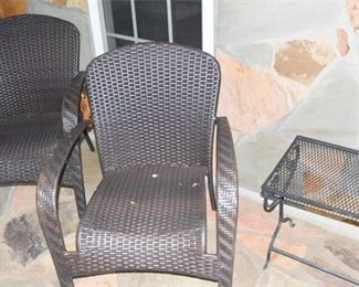 Two Wicker Armchairs and Wrought Iron Table