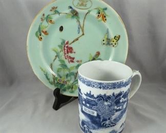 Lot containing 18th Century Chinese blue & white export porcelain mug & celadon ground rose famille plate retailed by storied Boston store Shreve, Crump & Low