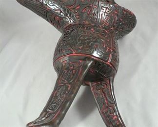 Carved Chinese cinnabar 'jue' archaic ceremonial cup 