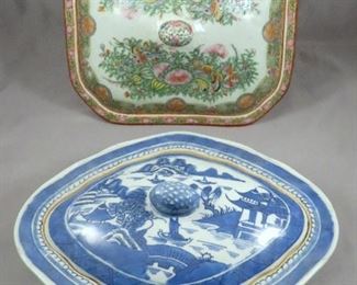 Antique Chinese porcelain tureens or lidded dishes - one famille rose and the other Nanking decorated