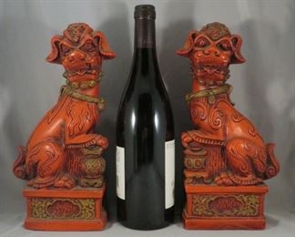 Universal Statuary faux cinnabar foo dogs