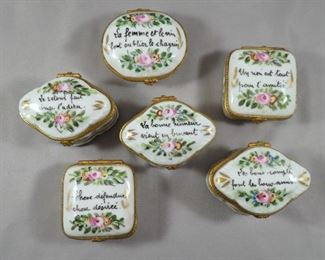 Lot of (6) French Limoges porcelain pill or patch boxes with mottos
